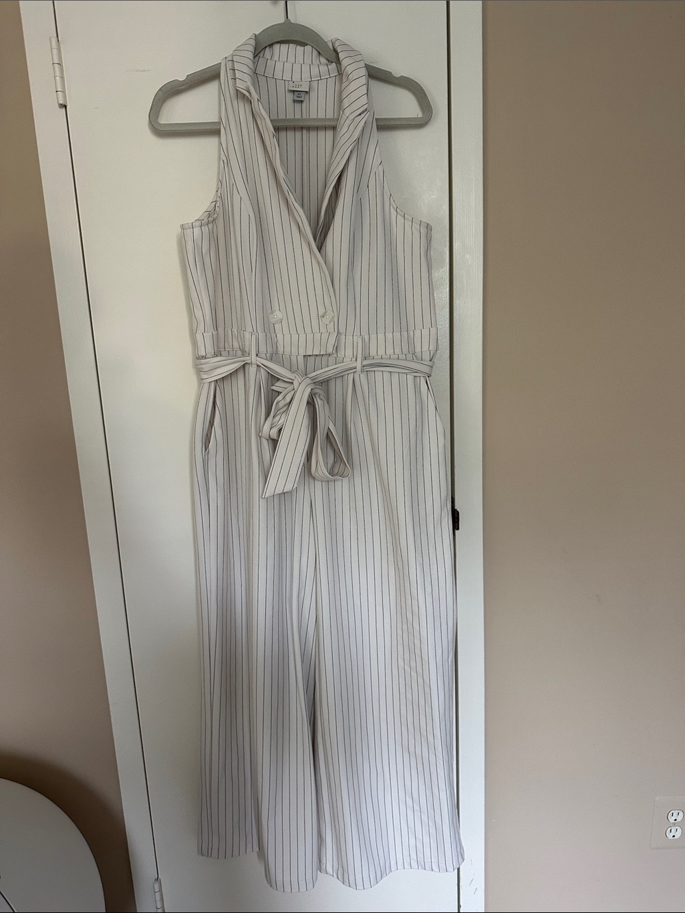 A New Day Off-White With Black Pinstripe Sleeveless Jumpsuit